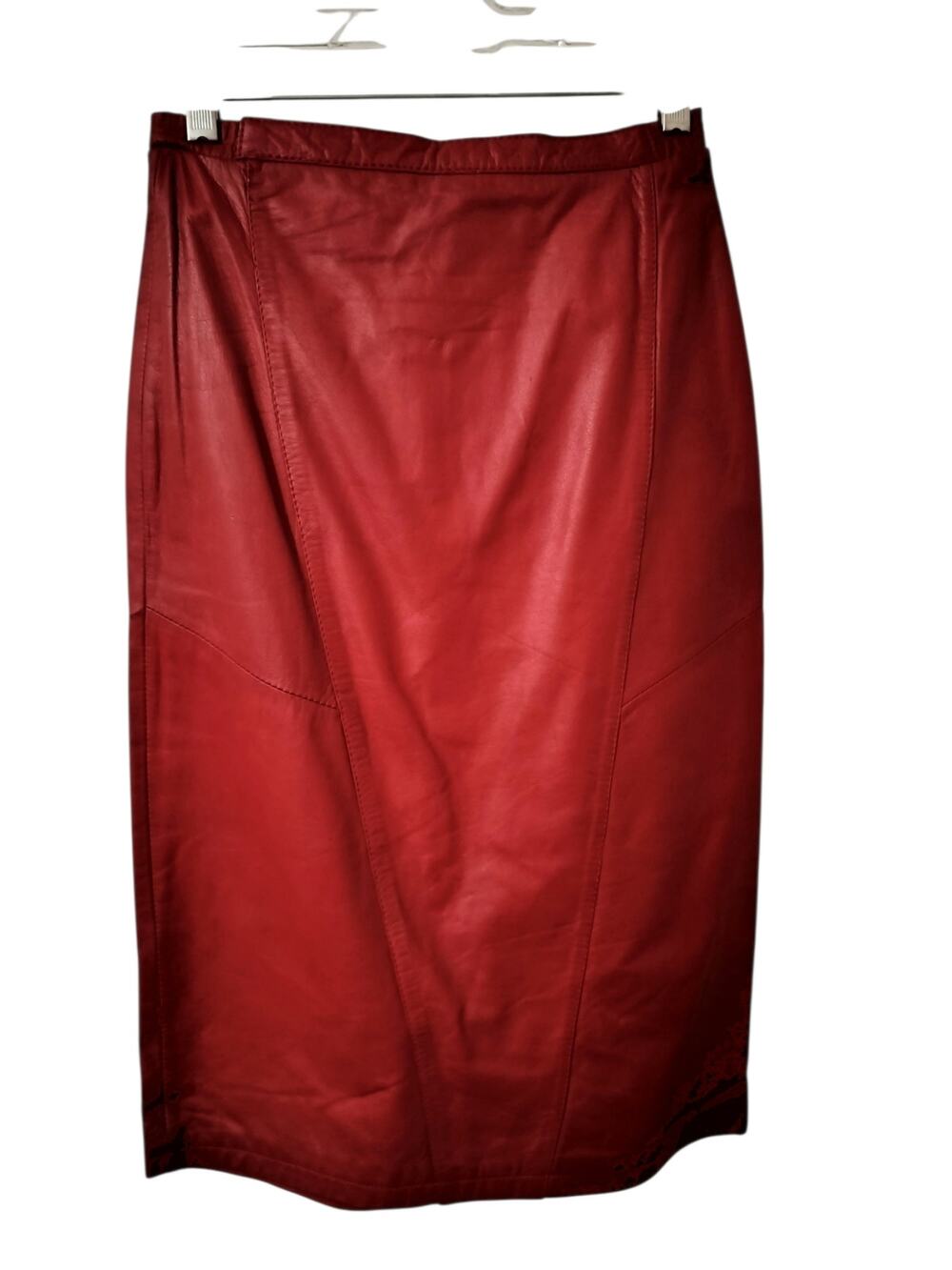 6026) Vintage 80s Adler Red Genuine Leather Pencil Midi Skirt Size 5